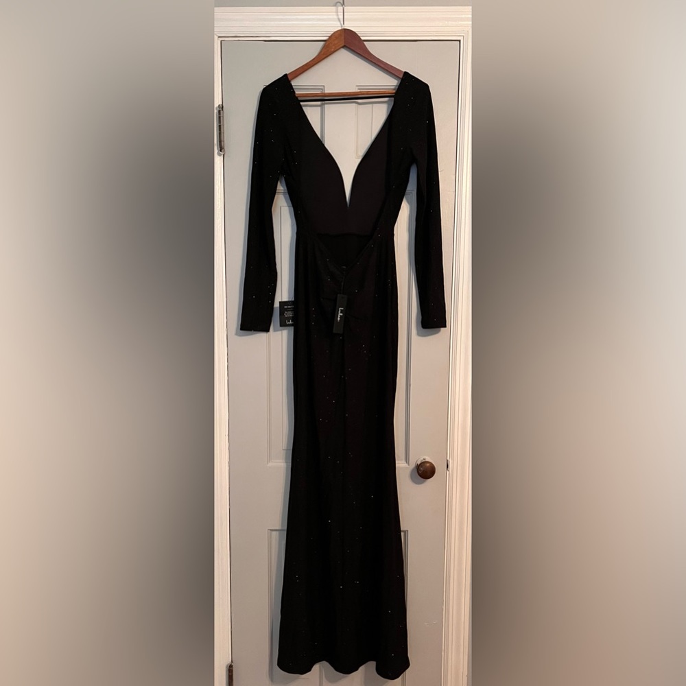 Lulus Glamorous In Glitter Black Long Sleeve Backless Gown - Size M - Picture 4 of 5